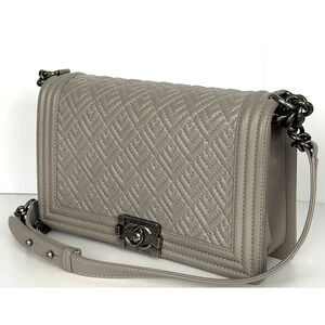 Chanel Boy Bag with Geometric Quilted Pattern in Gray Leather